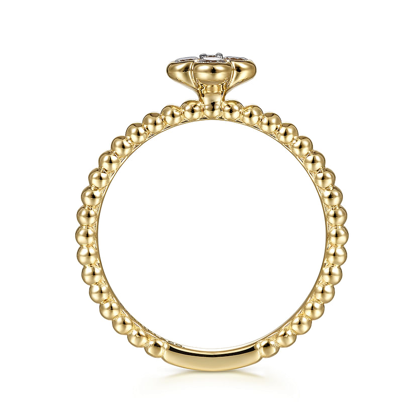 The Gabriel & Co 14K Yellow Gold Diamond Cluster Clover and Bujukan Bead Ring features a beaded band and a diamond cluster, shown from the side against a white background.