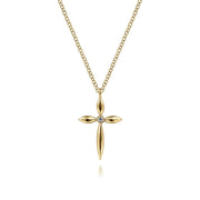From Gabriel & Co's Faith Collection, the 14K Yellow Gold Diamond Cross Pendant Necklace showcases an elegant diamond cross with smooth, elongated petals and a sparkling center stone, displayed on a white background.