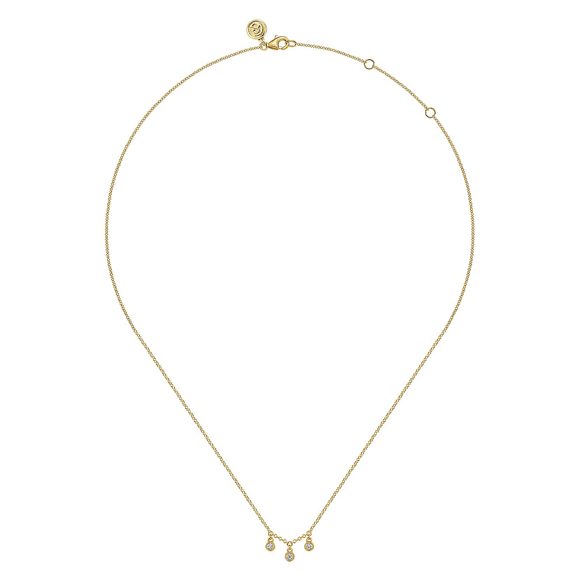 Elegant 14K yellow gold diamond drop pendant necklace by Gabriel & Co, featuring a fine adjustable chain and a sparkling centerpiece. Ideal for layering or wearing alone, this timeless piece adds sophistication to any look.