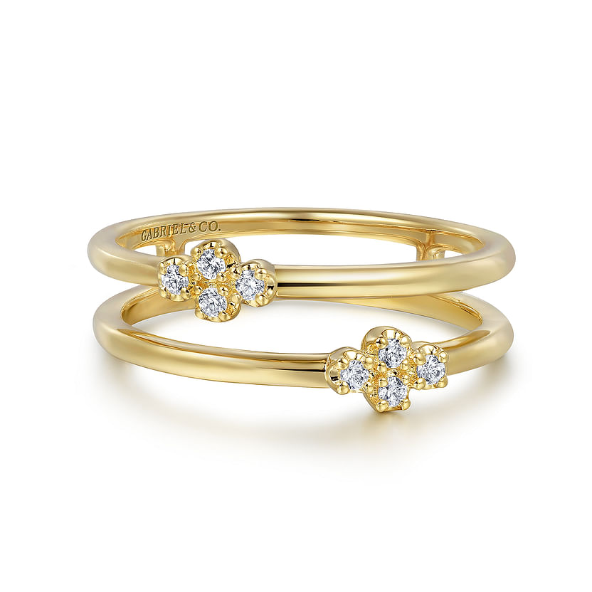 The Gabriel & Co 14K Yellow Gold Diamond Easy Stackable Ring features dainty natural diamond clusters atop each band for an elegant, timeless look. Wear stacked or solo to enhance your style.