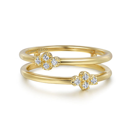 The Gabriel & Co 14K Yellow Gold Diamond Easy Stackable Ring features dainty natural diamond clusters atop each band for an elegant, timeless look. Wear stacked or solo to enhance your style.
