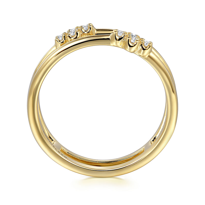 The Gabriel & Co 14K Yellow Gold Diamond Easy Stackable Ring features a split band with clusters of natural diamonds in two raised sections, polished for shine—an elegant addition to any jewelry collection.