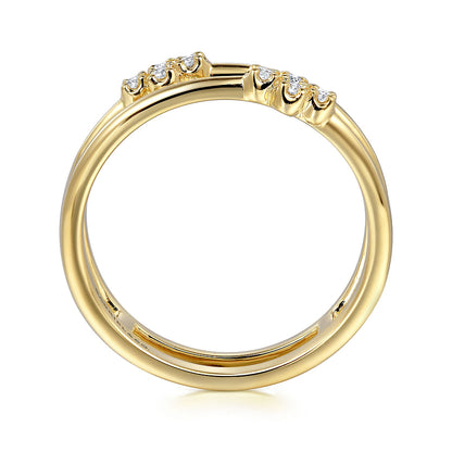 The Gabriel & Co 14K Yellow Gold Diamond Easy Stackable Ring features a split band with clusters of natural diamonds in two raised sections, polished for shine—an elegant addition to any jewelry collection.