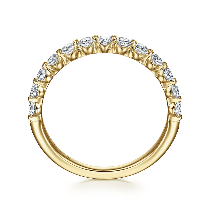 The Gabriel & Co 14K Yellow Gold Diamond Ladies Ring showcases natural diamonds in a row along the top half of the band, shown side-profile against a white background—an ideal choice for stackable luxury.