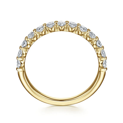 The Gabriel & Co 14K Yellow Gold Diamond Ladies Ring showcases natural diamonds in a row along the top half of the band, shown side-profile against a white background—an ideal choice for stackable luxury.