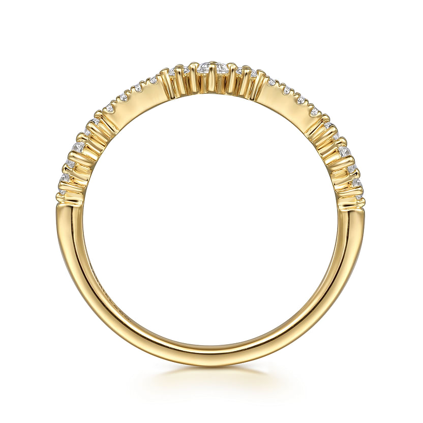 The Gabriel & Co 14K Yellow Gold Diamond Ladies Ring features a stackable band with a row of small, round natural diamonds on the top half, showcased from the side against a white background for a simple, elegant look.