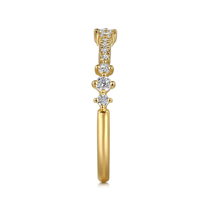 The Gabriel & Co 14K Yellow Gold Diamond Ladies Ring features a vertical row of natural diamonds set along the band, shown stacked from the side against a white background.