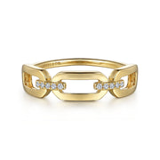 The 14K Yellow Gold Diamond Link Chain Ladies Ring by Gabriel & Co features rectangular links and natural diamonds across the center, with the brand name stamped inside the band.