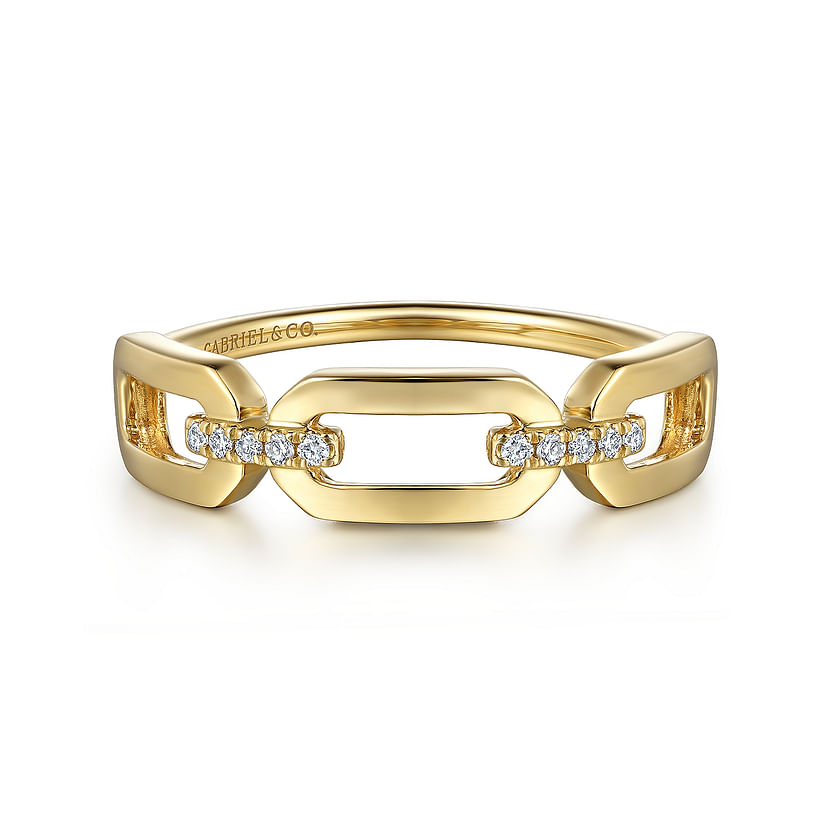 The 14K Yellow Gold Diamond Link Chain Ladies Ring by Gabriel & Co features rectangular links and natural diamonds across the center, with the brand name stamped inside the band.