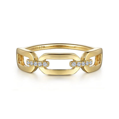 The 14K Yellow Gold Diamond Link Chain Ladies Ring by Gabriel & Co features rectangular links and natural diamonds across the center, with the brand name stamped inside the band.