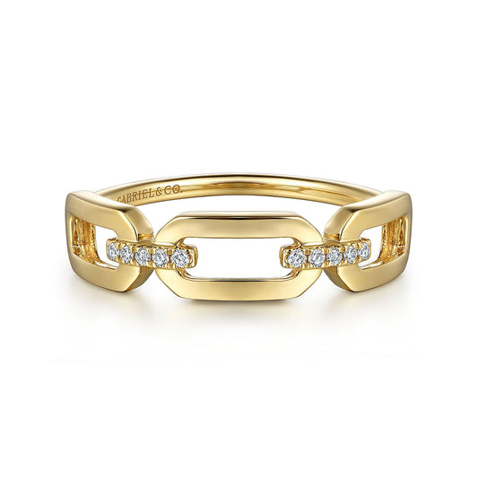 The 14K Yellow Gold Diamond Link Chain Ladies Ring by Gabriel & Co features rectangular links and natural diamonds across the center, with the brand name stamped inside the band.