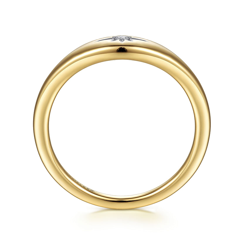 The Gabriel & Co 14K Yellow Gold Diamond Starburst Signet Ring features a smooth, rounded band with a small diamond accent on top. Shown from the side on a white background. Available exclusively at Avonlea Jewelers.