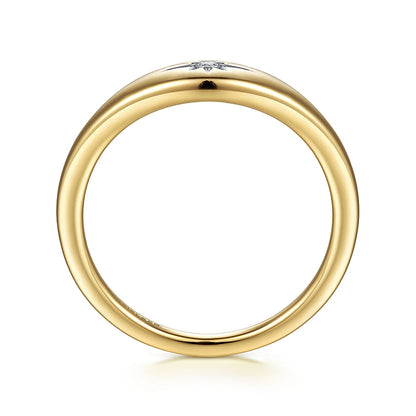 The Gabriel & Co 14K Yellow Gold Diamond Starburst Signet Ring features a smooth, rounded band with a small diamond accent on top. Shown from the side on a white background. Available exclusively at Avonlea Jewelers.