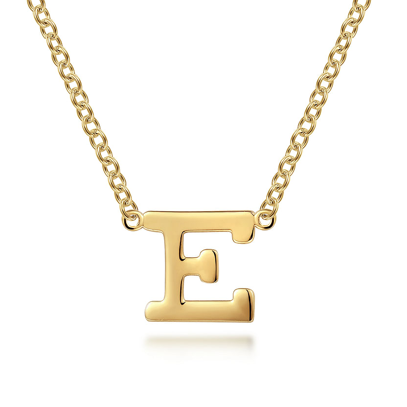 The Gabriel & Co 14K Yellow Gold E Initial Necklace showcases a bold uppercase "E" pendant on a simple gold chain, displayed against a white background.