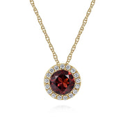 The Gabriel & Co 14K Yellow Gold Garnet and Diamond Halo Pendant Necklace features a round garnet center surrounded by sparkling diamonds, shown on a white background.