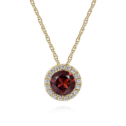 The Gabriel & Co 14K Yellow Gold Garnet and Diamond Halo Pendant Necklace features a round garnet center surrounded by sparkling diamonds, shown on a white background.