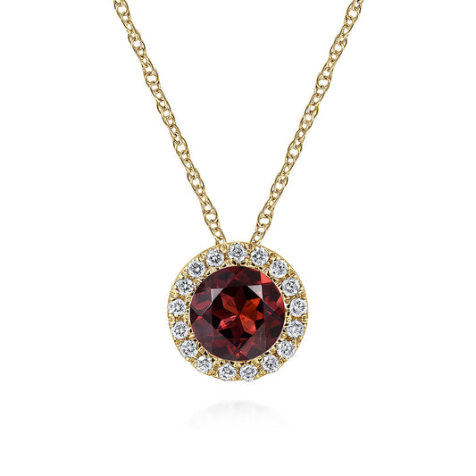 The Gabriel & Co 14K Yellow Gold Garnet and Diamond Halo Pendant Necklace features a round garnet center surrounded by sparkling diamonds, shown on a white background.
