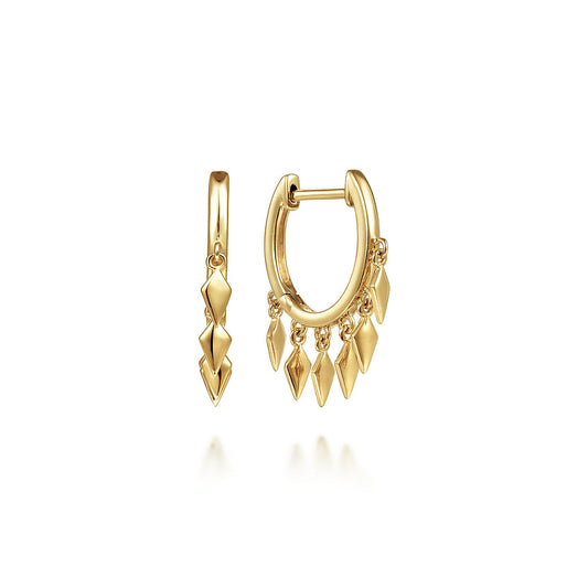 From Gabriel & Co’s 14K Yellow Gold Huggie Earrings with Spike Drops, these small hoops showcase unique diamond-shaped charms—one earring with a single charm, the other with five clustered—for a modern look.