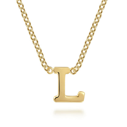 The Gabriel & Co 14K Yellow Gold L Initial Necklace features a polished gold "L" pendant on a classic chain, adding timeless personal style.
