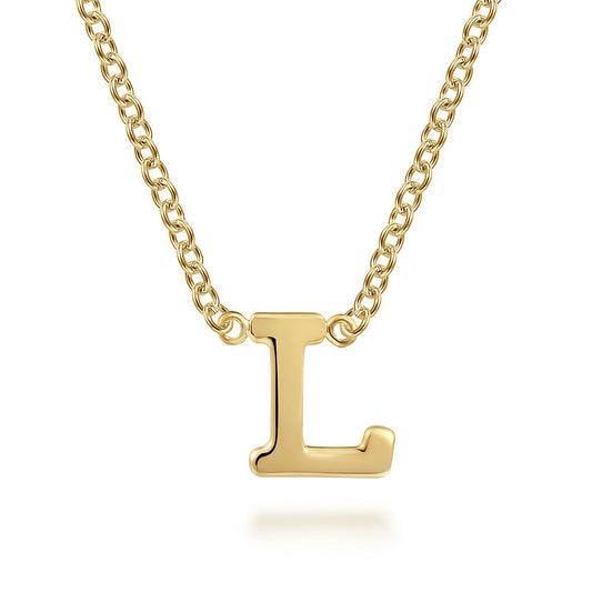 The Gabriel & Co 14K Yellow Gold L Initial Necklace features a polished gold "L" pendant on a classic chain, adding timeless personal style.