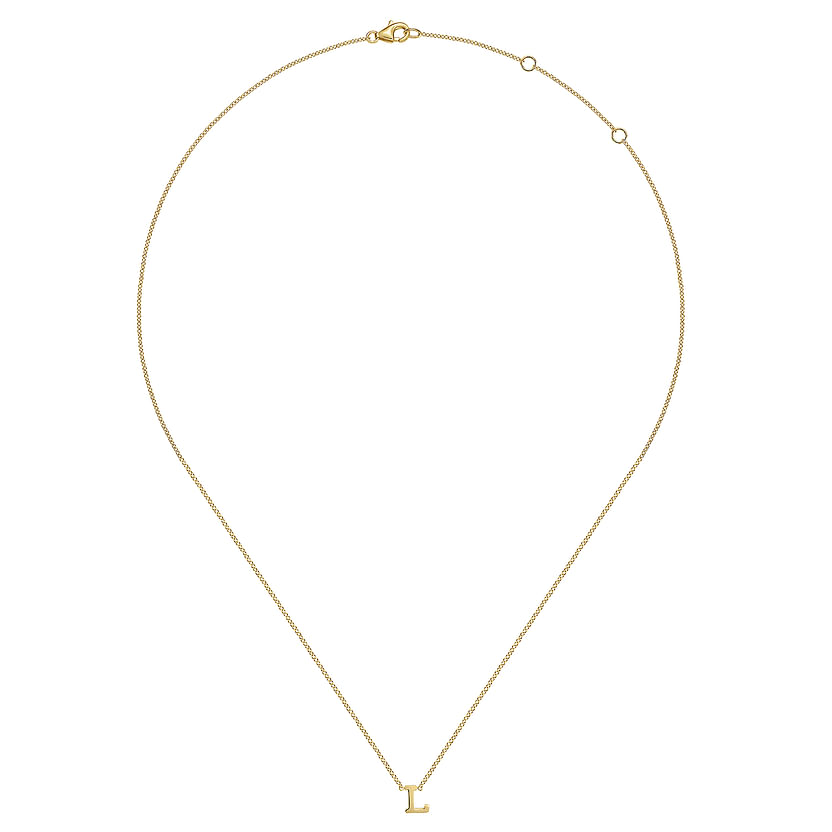 The Gabriel & Co 14K Yellow Gold L Initial Necklace features a small gold letter "L" pendant centered on an adjustable chain with two loops and a clasp, displayed on a white background.