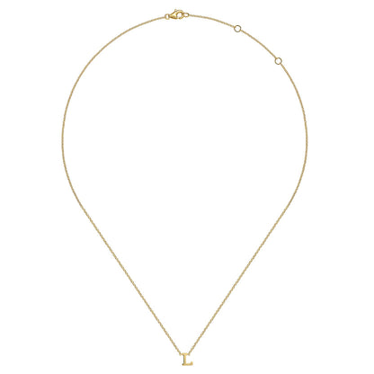 The Gabriel & Co 14K Yellow Gold L Initial Necklace features a small gold letter "L" pendant centered on an adjustable chain with two loops and a clasp, displayed on a white background.
