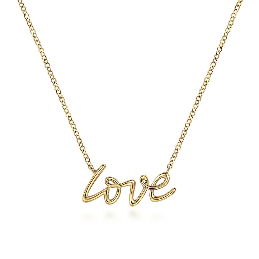 The Gabriel & Co 14K Yellow Gold Love Necklace showcases a delicate chain and a cursive "love" pendant, making it a standout piece from our Contemporary Collection.