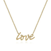The Gabriel & Co 14K Yellow Gold Love Necklace showcases a delicate chain and a cursive "love" pendant, making it a standout piece from our Contemporary Collection.