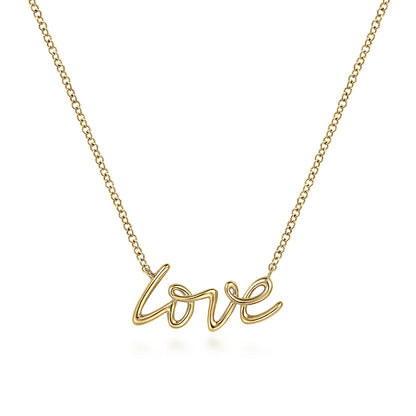 The Gabriel & Co 14K Yellow Gold Love Necklace showcases a delicate chain and a cursive "love" pendant, making it a standout piece from our Contemporary Collection.