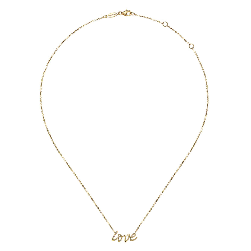 The Gabriel & Co 14K Yellow Gold Love Necklace features a fine chain with a cursive "love" pendant, elegantly centered—part of our Contemporary Collection.