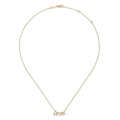 The Gabriel & Co 14K Yellow Gold Love Necklace features a fine chain with a cursive "love" pendant, elegantly centered—part of our Contemporary Collection.