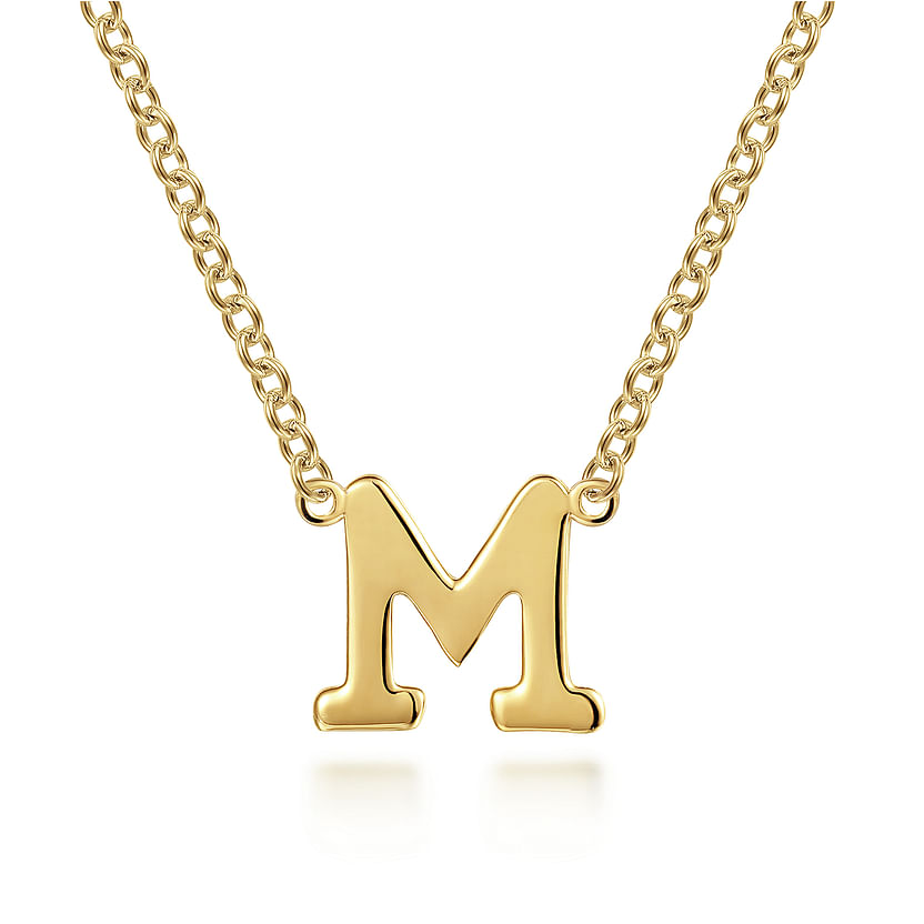 The Gabriel & Co 14K Yellow Gold M Initial Necklace features a polished, bold serif "M" pendant—a classic accessory displayed against a white background.