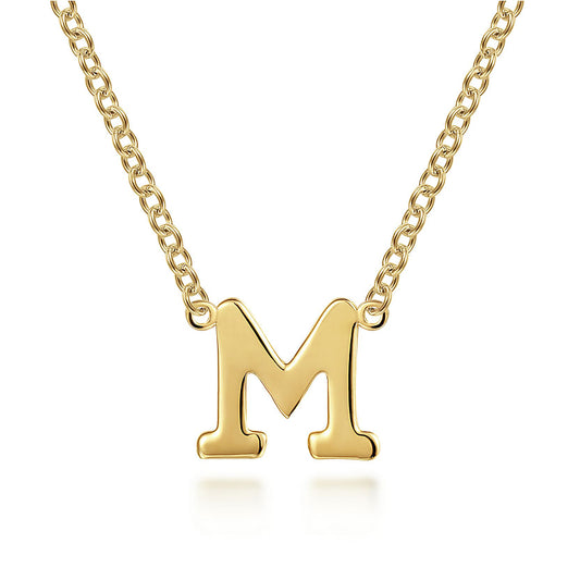 The Gabriel & Co 14K Yellow Gold M Initial Necklace features a polished, bold serif "M" pendant—a classic accessory displayed against a white background.