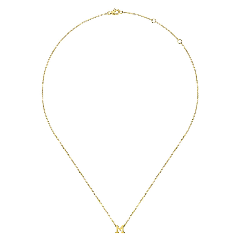 The Gabriel & Co 14K Yellow Gold M Initial Necklace features a dainty gold chain with a small "M" pendant at the center, shown on a plain white background.