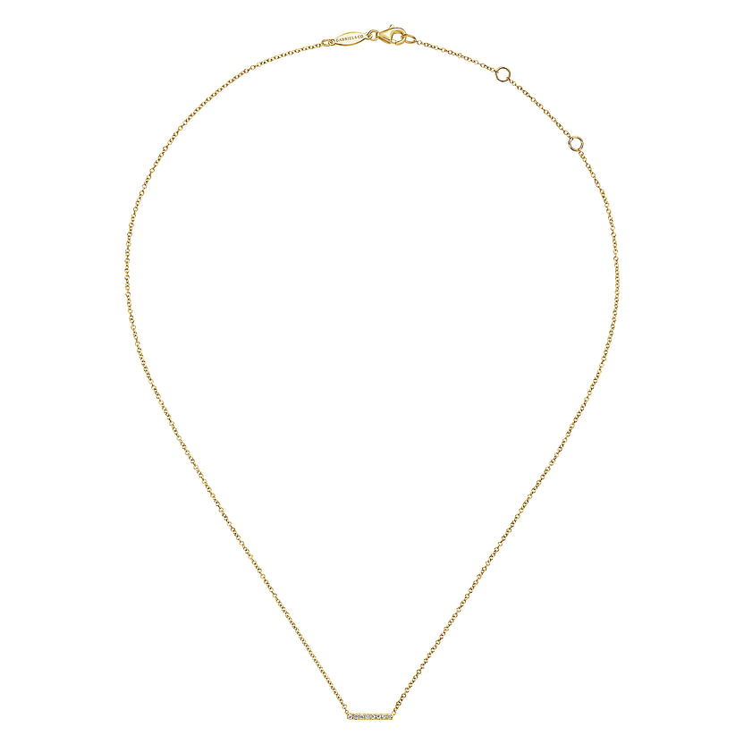 The Gabriel & Co 14K Yellow Gold Petite Pave Diamond Bar Necklace features a minimalist straight bar pendant with sparkling pave diamonds, showcased on a white background.