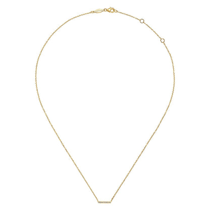 The Gabriel & Co 14K Yellow Gold Petite Pave Diamond Bar Necklace features a minimalist straight bar pendant with sparkling pave diamonds, showcased on a white background.