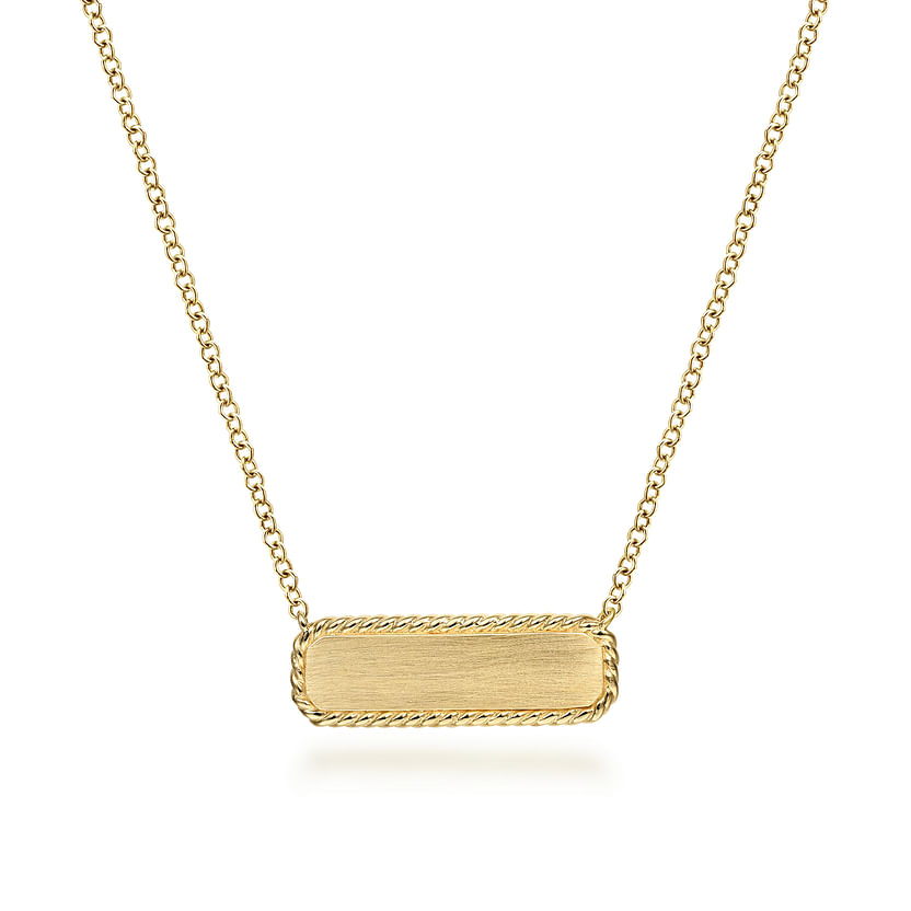 The Gabriel & Co 14K Yellow Gold Rectangular ID Pendant Necklace features a twisted rope frame, suspended from a fine gold chain and elegantly displayed on a white background.