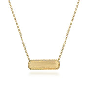 The Gabriel & Co 14K Yellow Gold Rectangular ID Pendant Necklace features a twisted rope frame, suspended from a fine gold chain and elegantly displayed on a white background.