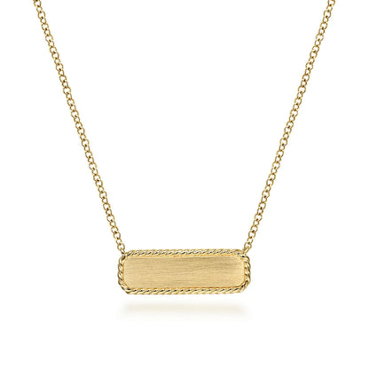 The Gabriel & Co 14K Yellow Gold Rectangular ID Pendant Necklace features a twisted rope frame, suspended from a fine gold chain and elegantly displayed on a white background.