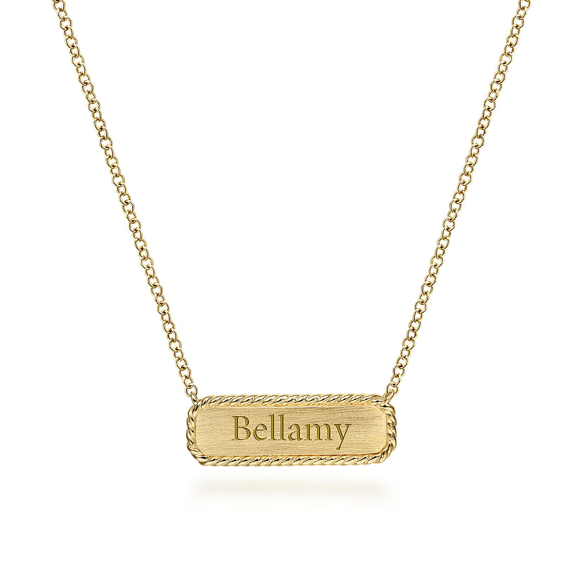 The Gabriel & Co 14K Yellow Gold Rectangular ID Pendant Necklace features a twisted rope frame and can be engraved for personalized elegance, making it a refined accessory for any look.