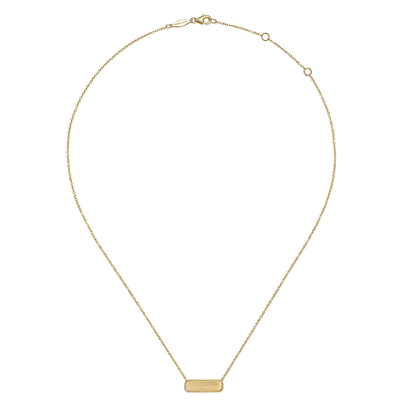 The Gabriel & Co 14K Yellow Gold Rectangular ID Pendant Necklace features a twisted rope frame, offering a touch of personalized elegance and delicate style, beautifully displayed on a plain white background.