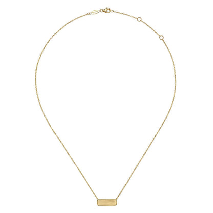 The Gabriel & Co 14K Yellow Gold Rectangular ID Pendant Necklace features a twisted rope frame, offering a touch of personalized elegance and delicate style, beautifully displayed on a plain white background.