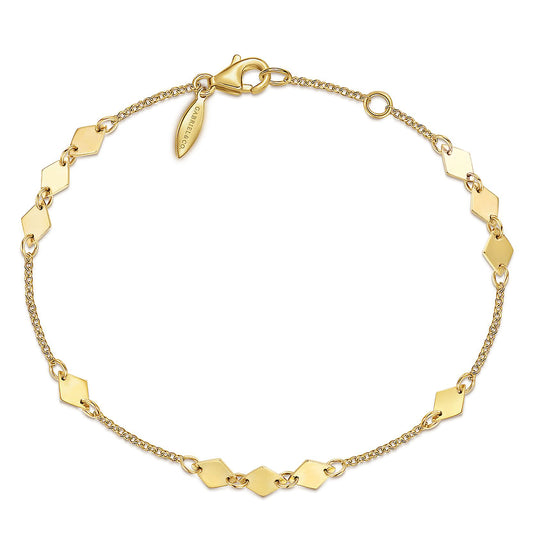 The Gabriel & Co 14K Yellow Gold Rhombus Stations Bracelet features a fine chain with evenly spaced diamond-shaped accents and a lobster clasp—perfect for geometric jewelry lovers.