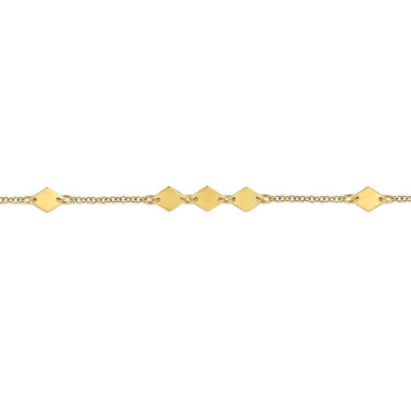The Gabriel & Co 14K Yellow Gold Rhombus Stations Bracelet features a minimalist geometric design with polished, evenly spaced rhombus charms for a delicate, modern look.