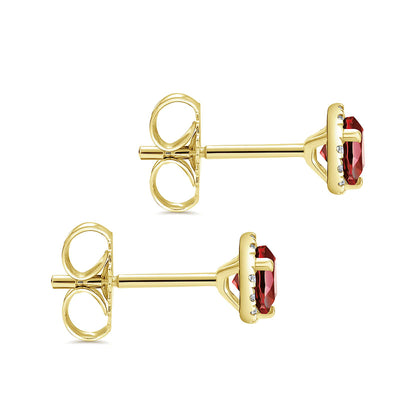 Gabriel & Co 14K Yellow Gold Round Halo Garnet and Diamond Stud Earrings with prong-set gemstones and butterfly backs, shown on a white background.