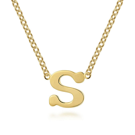 The Gabriel & Co 14K Yellow Gold S Initial Necklace features a polished "S" pendant, making it a perfect personal touch for your jewelry collection.
