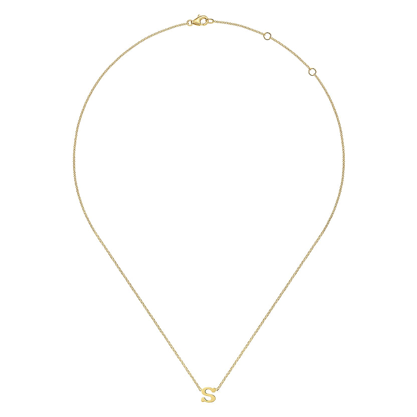 The Gabriel & Co 14K Yellow Gold S Initial Necklace features a small gold "S" pendant and an adjustable clasp with extra loops—an elegant touch for any jewelry collection.