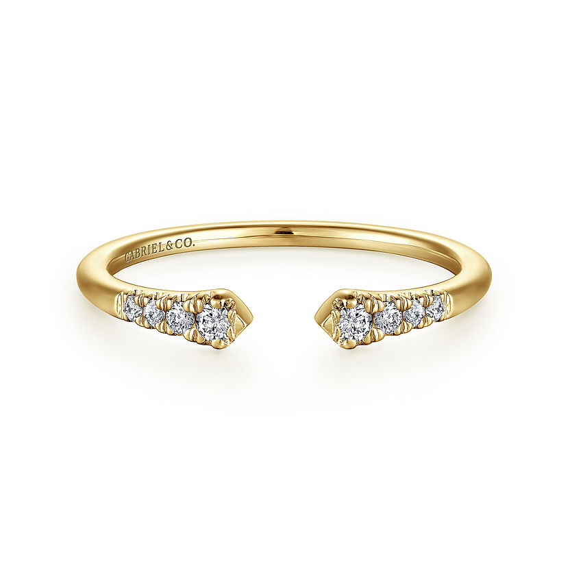 The 14K Yellow Gold Split Diamond Stackable Ring by Gabriel & Co features small round natural diamonds clustered at each end, engraved inside the band—ideal for stacking.