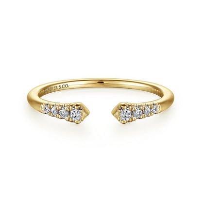 The 14K Yellow Gold Split Diamond Stackable Ring by Gabriel & Co features small round natural diamonds clustered at each end, engraved inside the band—ideal for stacking.