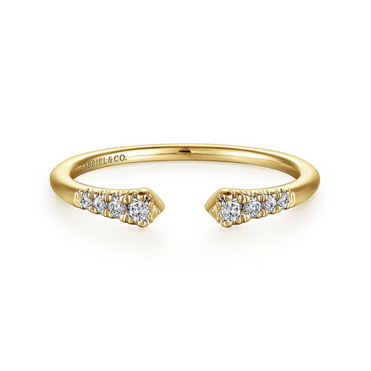 The 14K Yellow Gold Split Diamond Stackable Ring by Gabriel & Co features small round natural diamonds clustered at each end, engraved inside the band—ideal for stacking.